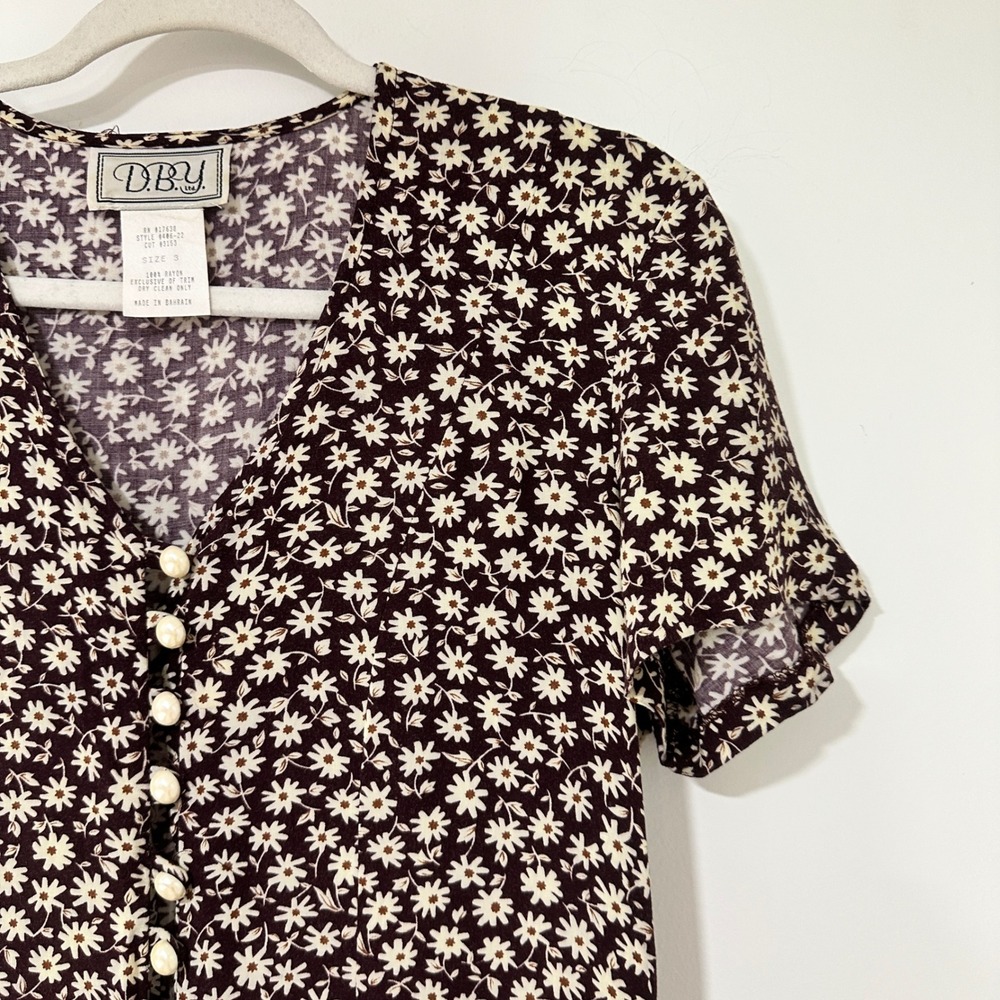 Vintage DBY Ltd 90s Daisy Floral Mini Dress Size 3 Brown Rayon Button Front